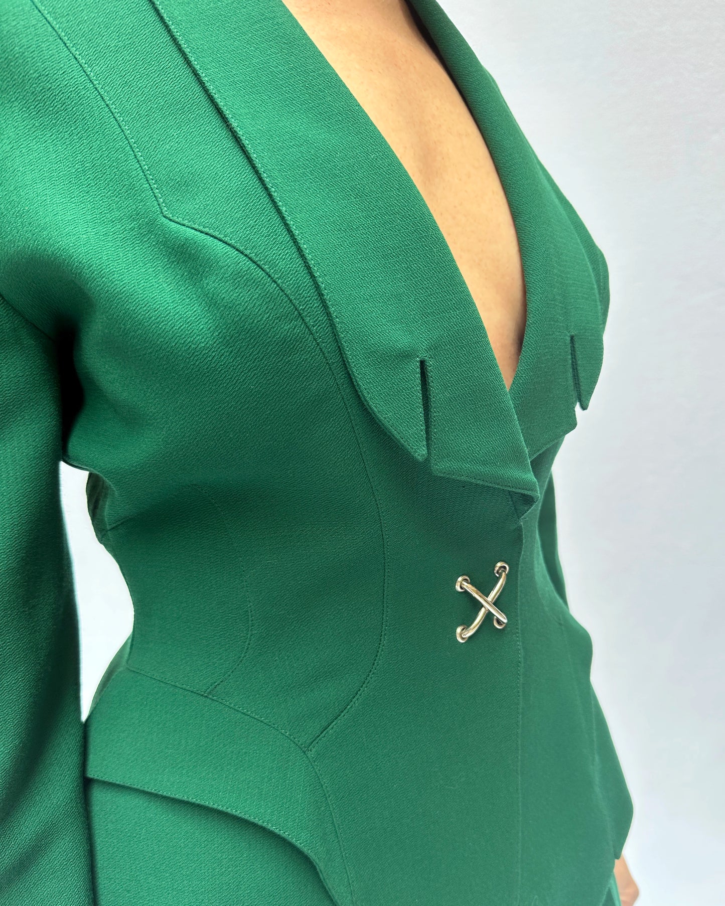 Vintage Thierry Mugler Fall 1992 Emerald Jacket + Pleated Skirt Suit