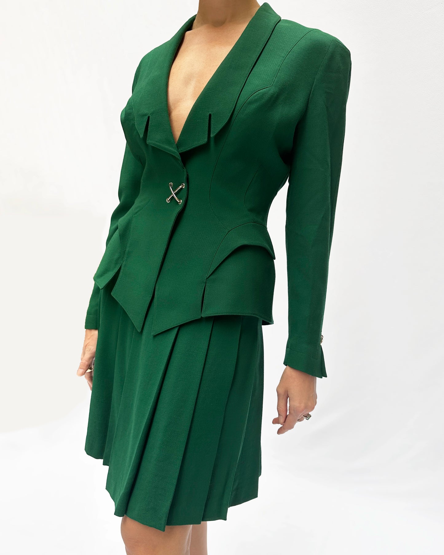 Vintage Thierry Mugler Fall 1992 Emerald Jacket + Pleated Skirt Suit