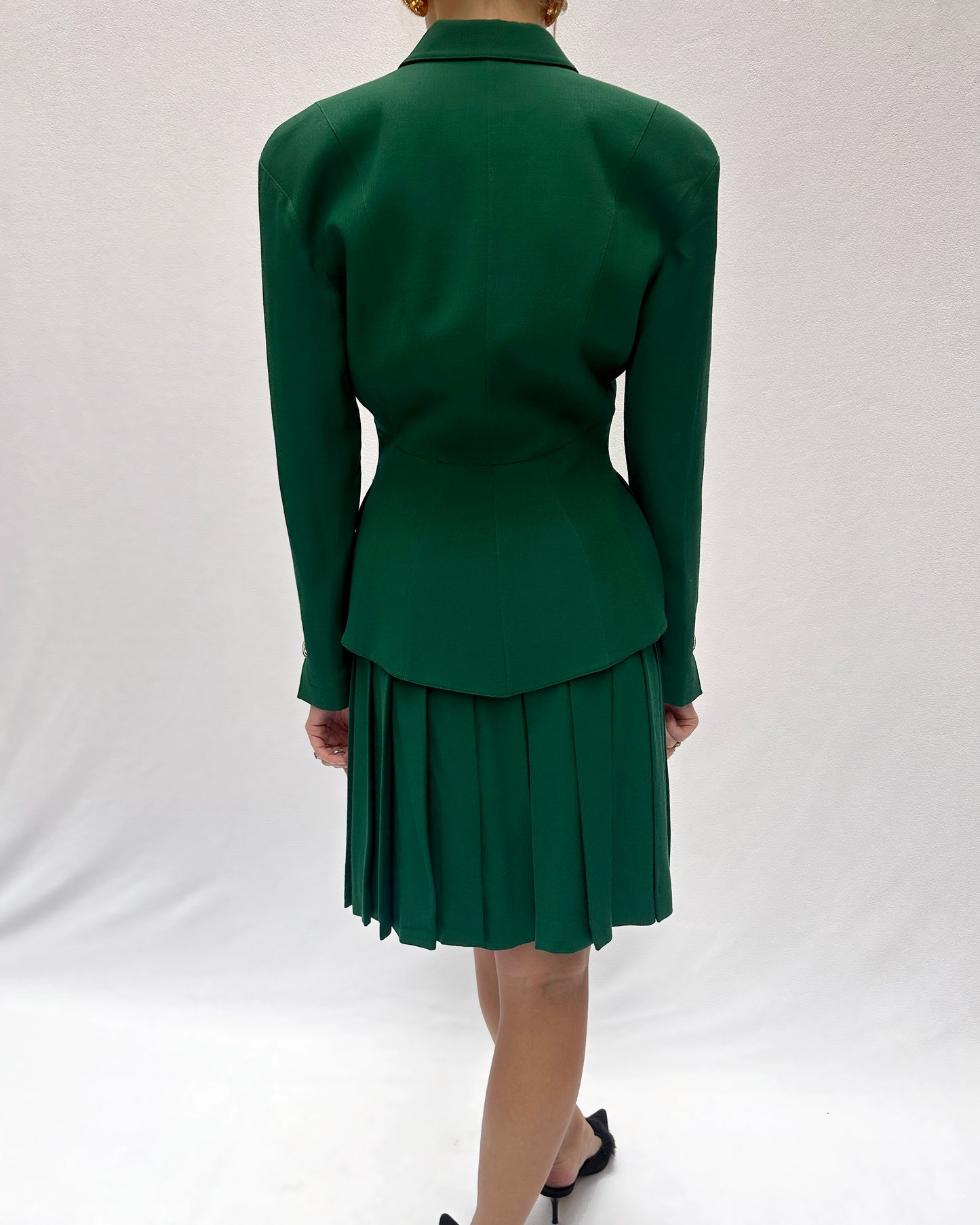 Vintage Thierry Mugler Fall 1992 Emerald Jacket + Pleated Skirt Suit
