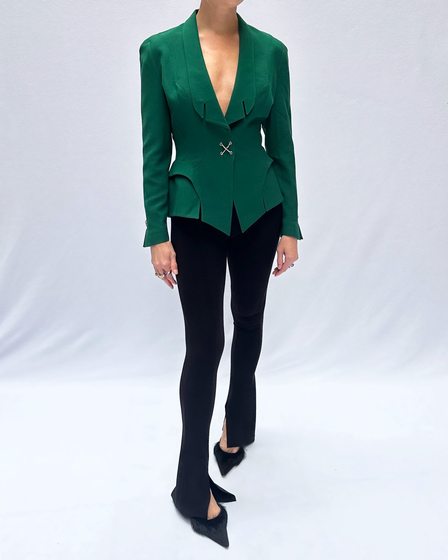 Vintage Thierry Mugler Fall 1992 Emerald Jacket + Pleated Skirt Suit