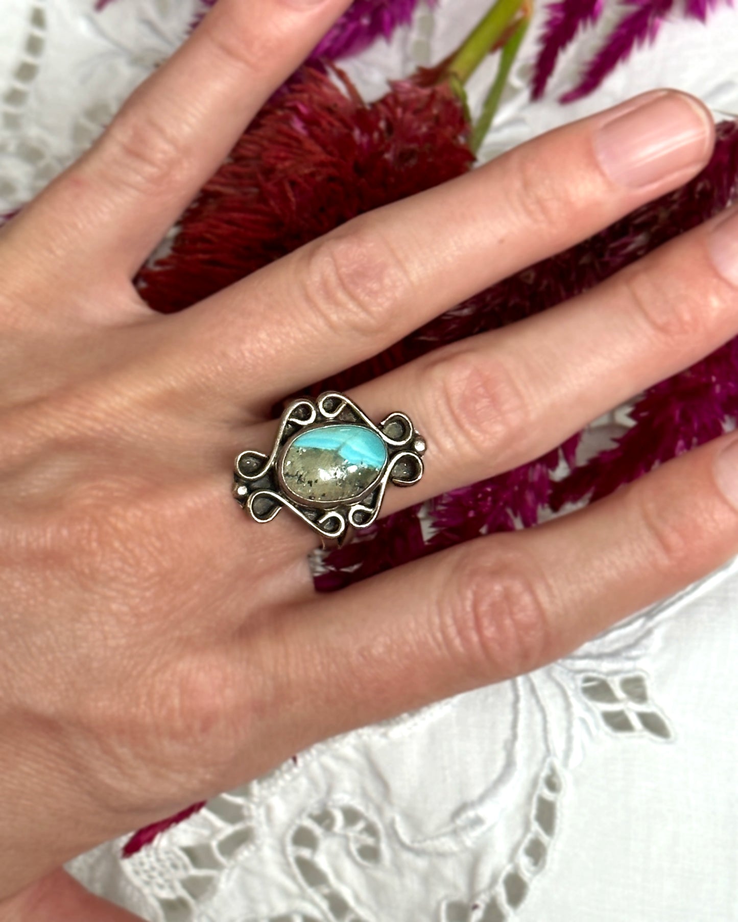Vintage Artisanal Turquoise Ring In Sterling Silver