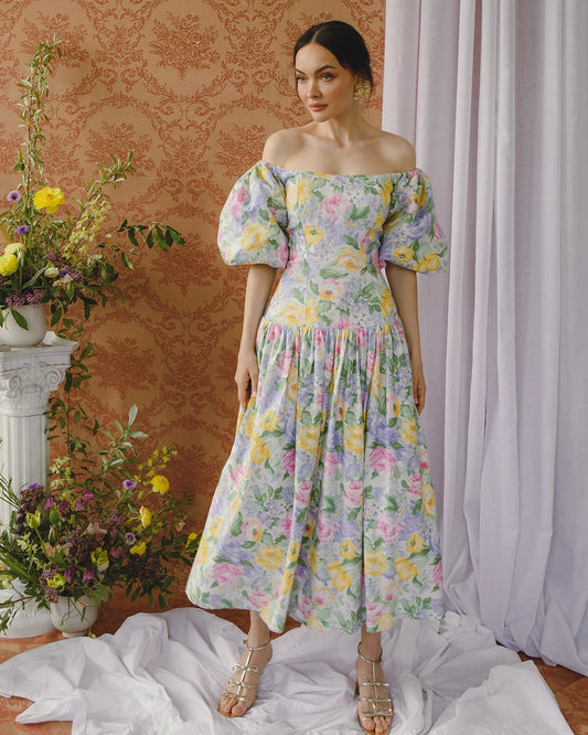 1980s Victor Costa Puff-Sleeve Pastel Floral Drop Waist Dress