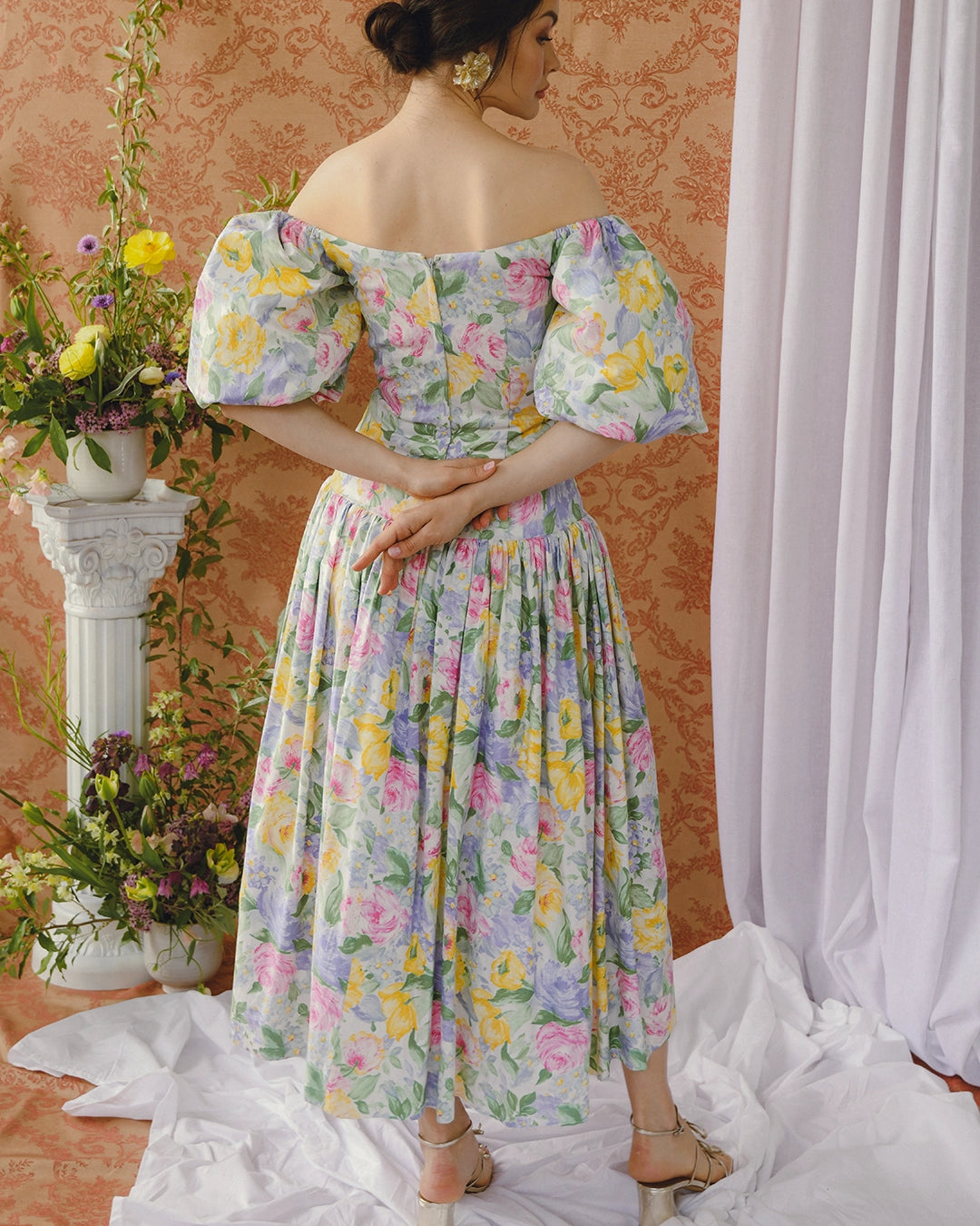 1980s Victor Costa Puff-Sleeve Pastel Floral Drop Waist Dress