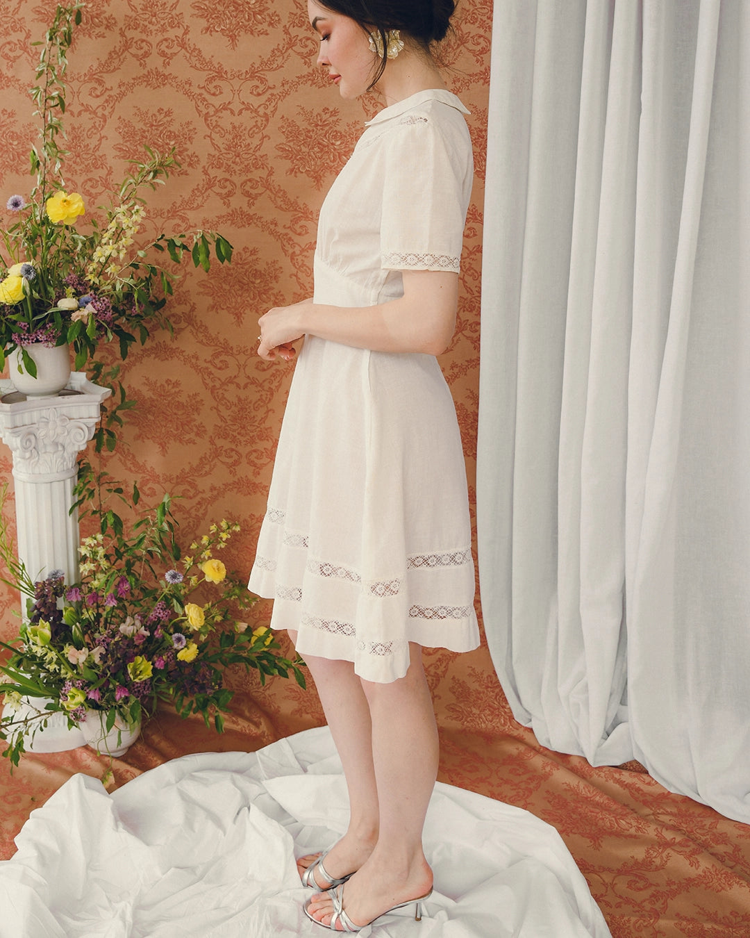 Vintage 1940s Peter Pan Collar Dress With Lace Insets