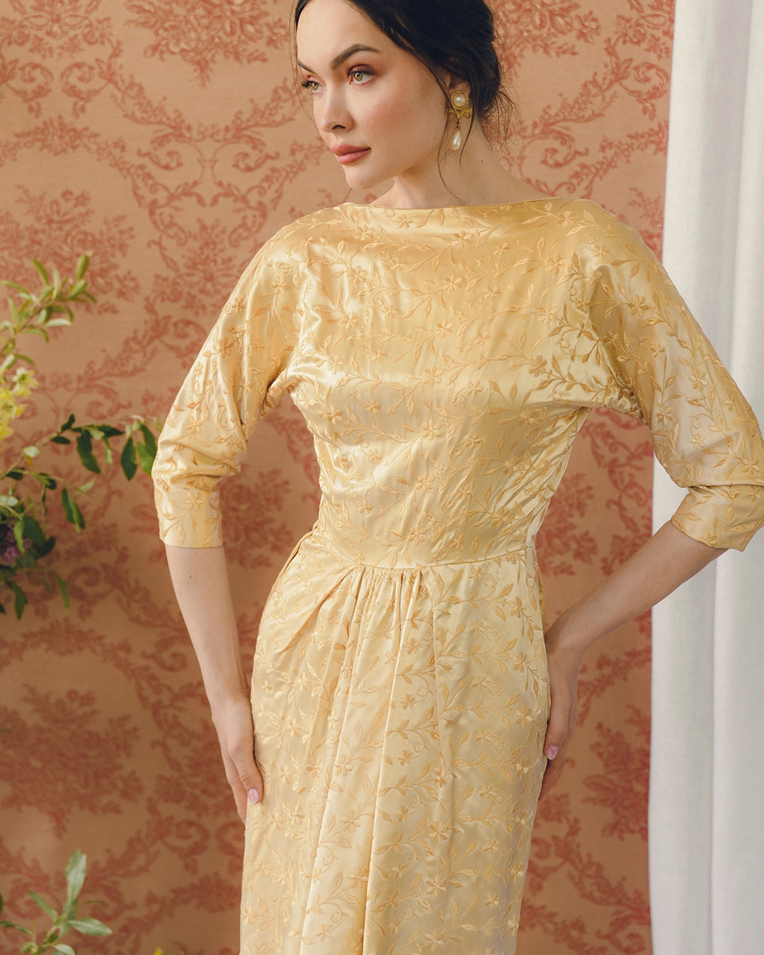 1940s Embroidered Duchesse Satin Dolman Sleeve Dress