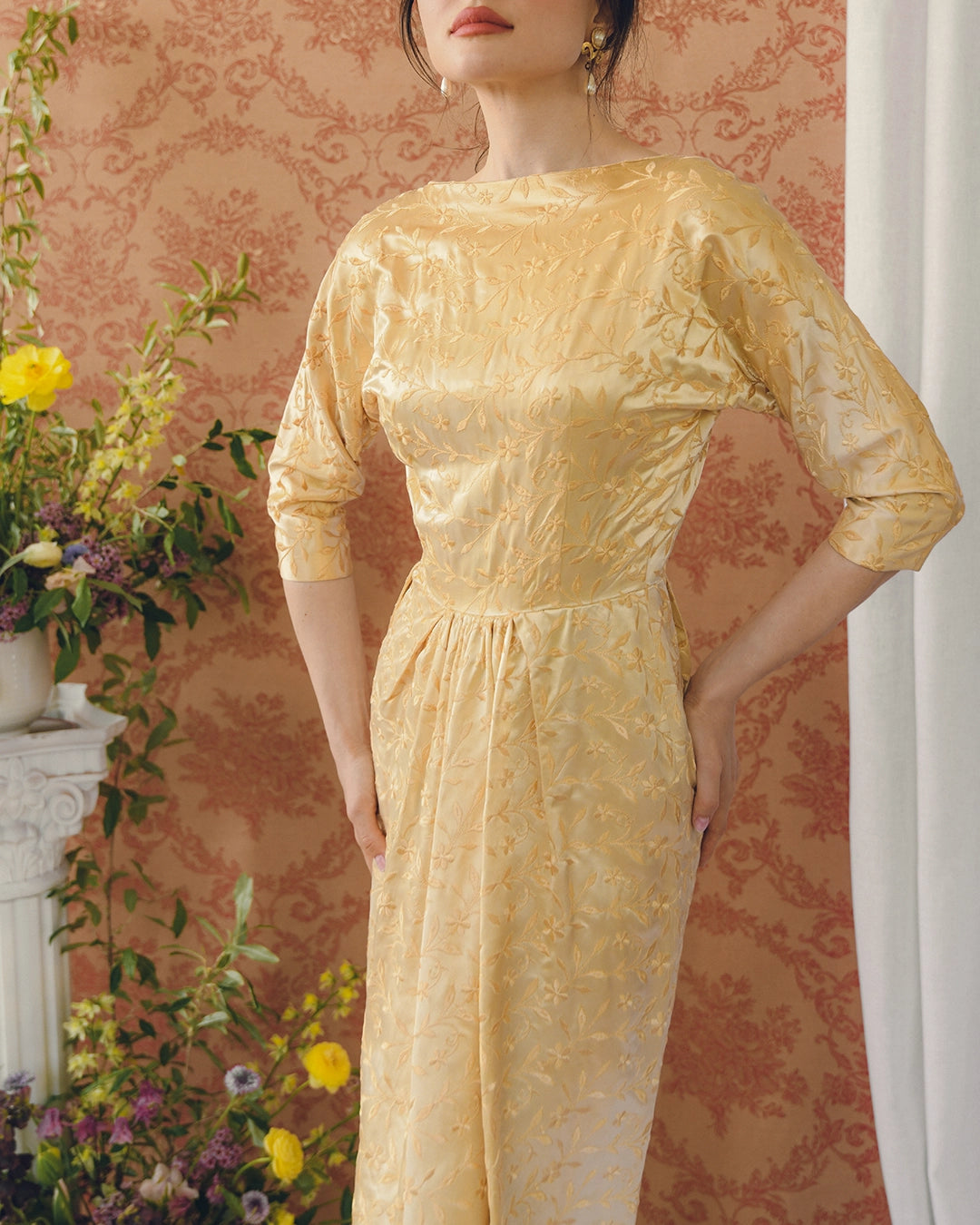 1940s Embroidered Duchesse Satin Dolman Sleeve Dress