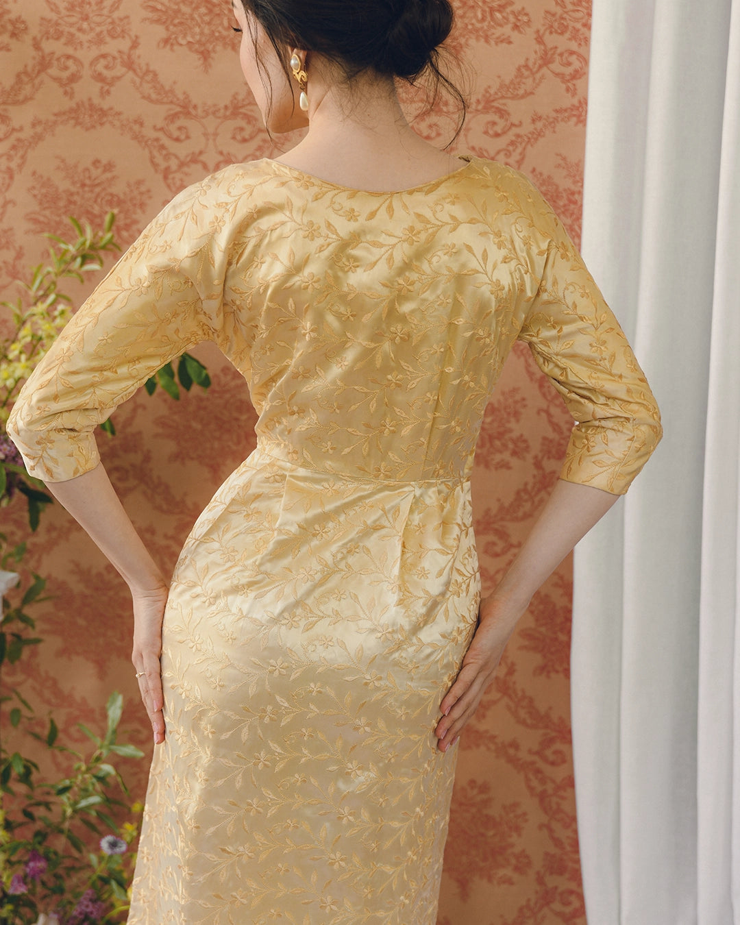 1940s Embroidered Duchesse Satin Dolman Sleeve Dress