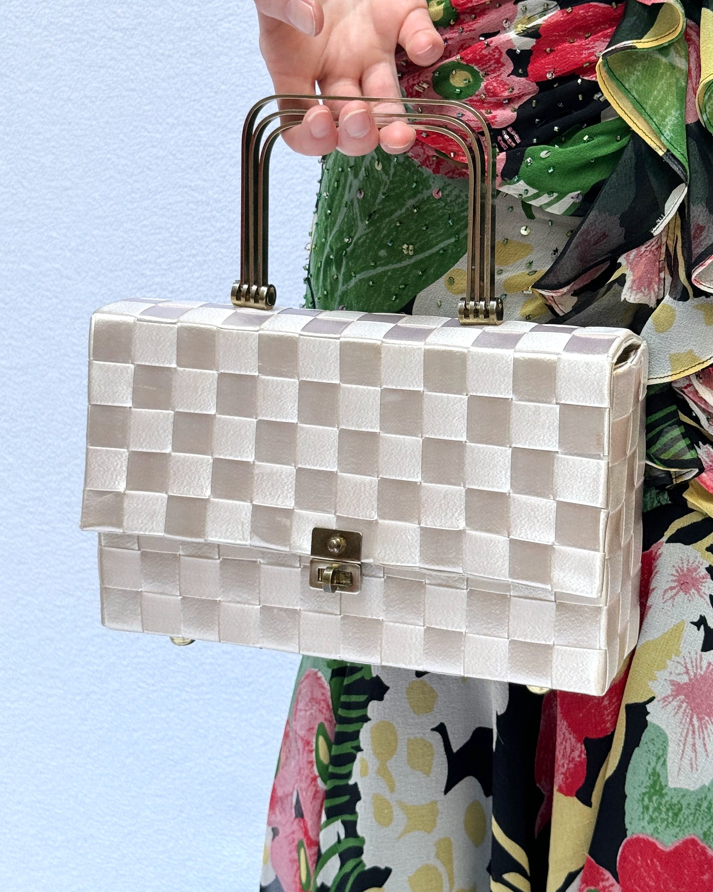 Vintage 1940s Magid Ivory Basket Weave Box Bag