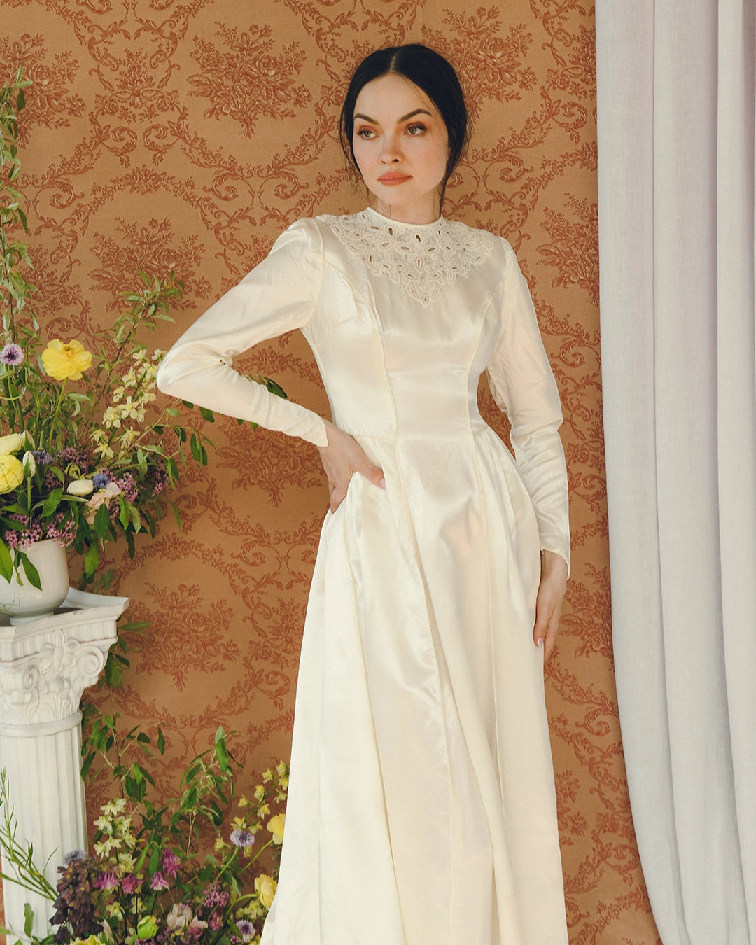 Vintage 1940s Duchesse Satin Princess Cut Wedding Dress With Court Train And Eyelet Cutout Beadwork