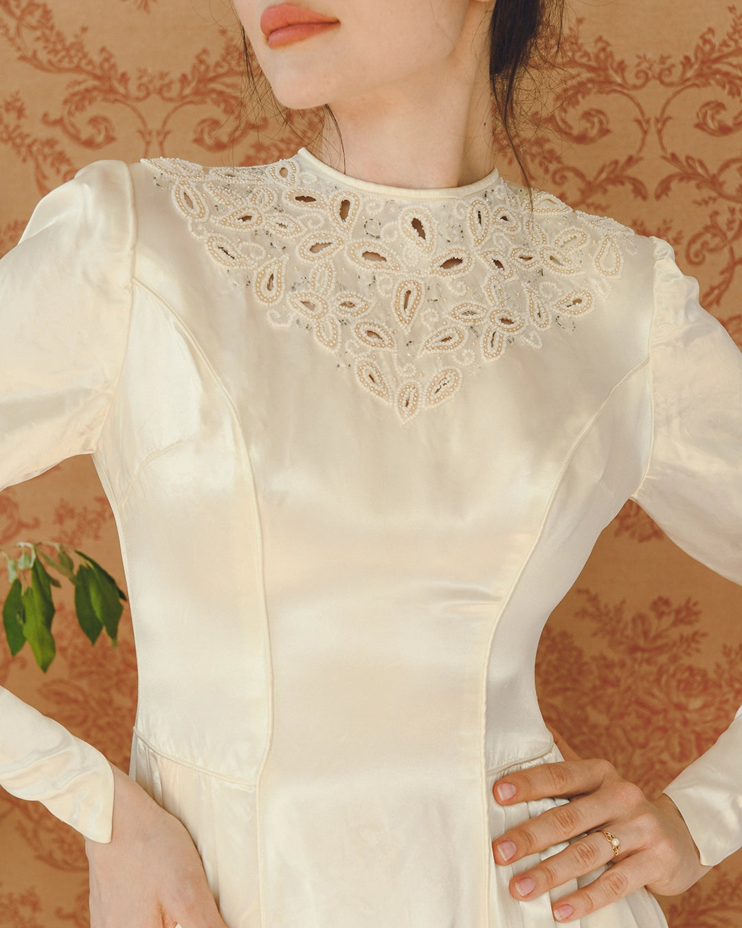 Vintage 1940s Duchesse Satin Princess Cut Wedding Dress With Court Train And Eyelet Cutout Beadwork