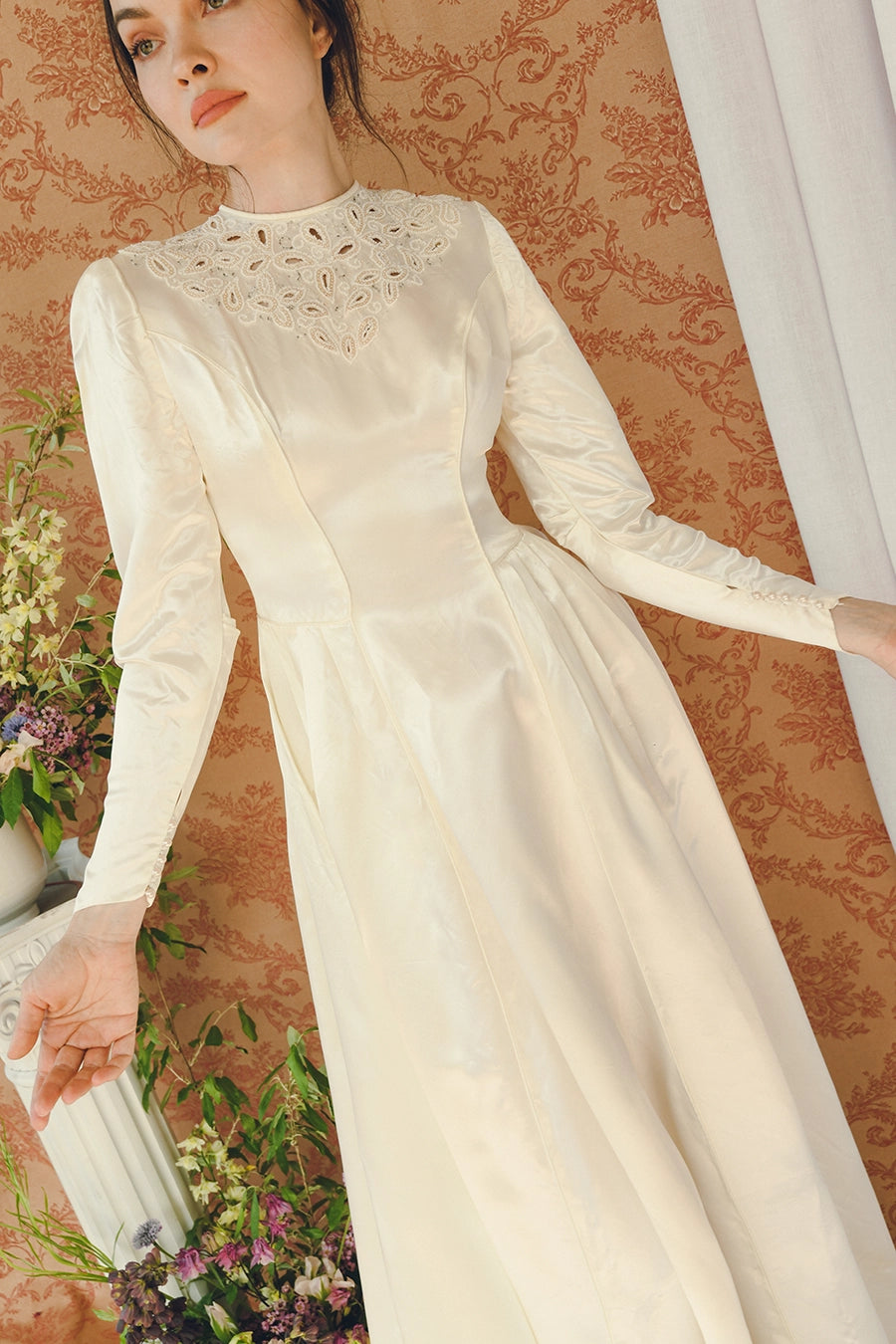 Vintage 1940s Duchesse Satin Princess Cut Wedding Dress With Court Train And Eyelet Cutout Beadwork