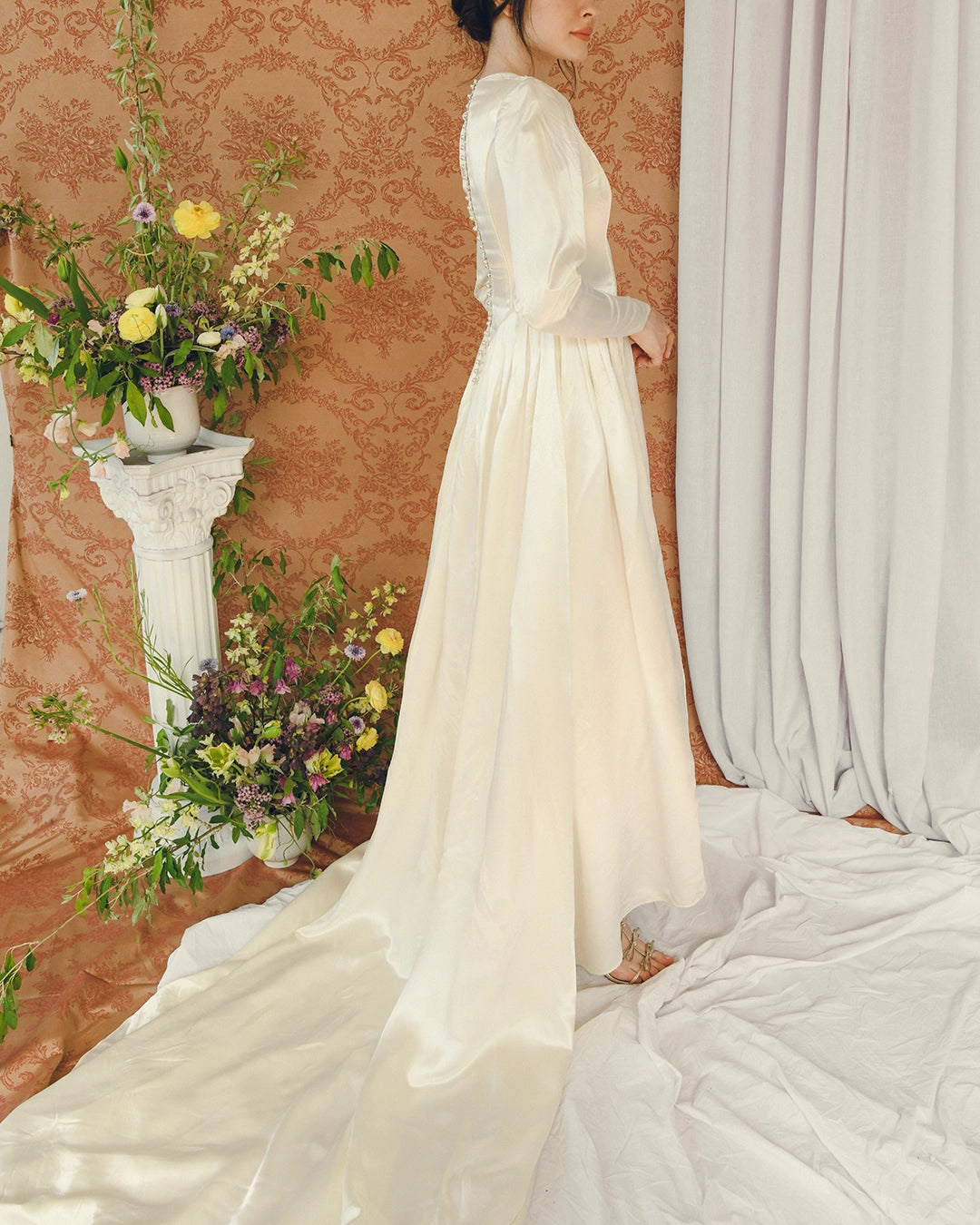 Vintage 1940s Duchesse Satin Princess Cut Wedding Dress With Court Train And Eyelet Cutout Beadwork