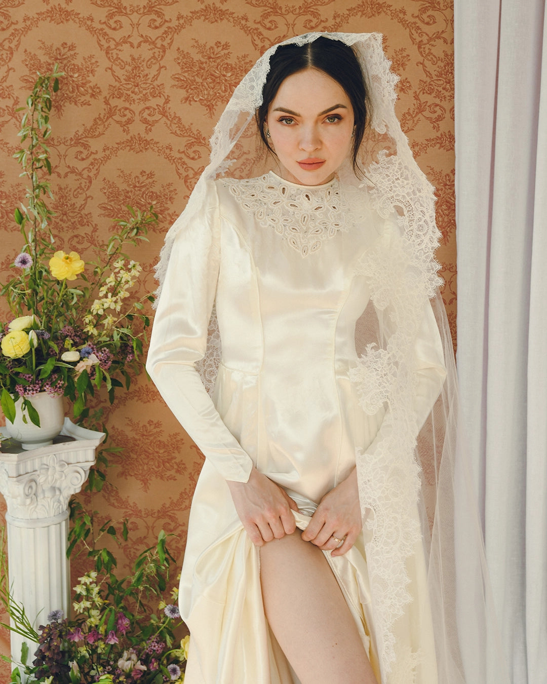 Vintage 1940s Duchesse Satin Princess Cut Wedding Dress With Court Train And Eyelet Cutout Beadwork