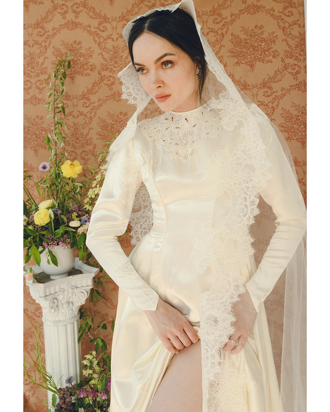 Vintage 1940s Duchesse Satin Princess Cut Wedding Dress With Court Train And Eyelet Cutout Beadwork