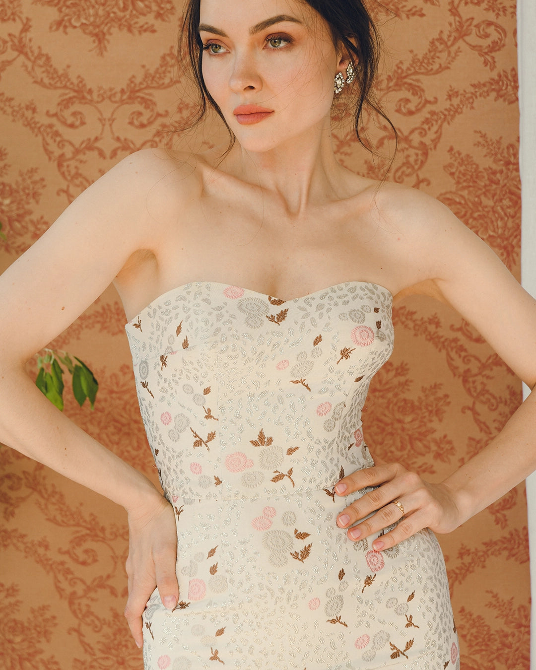 Vintage 1950s Floral Lamé Bustier Wiggle Dress