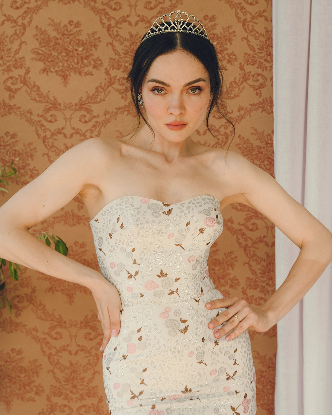Vintage 1950s Floral Lamé Bustier Wiggle Dress