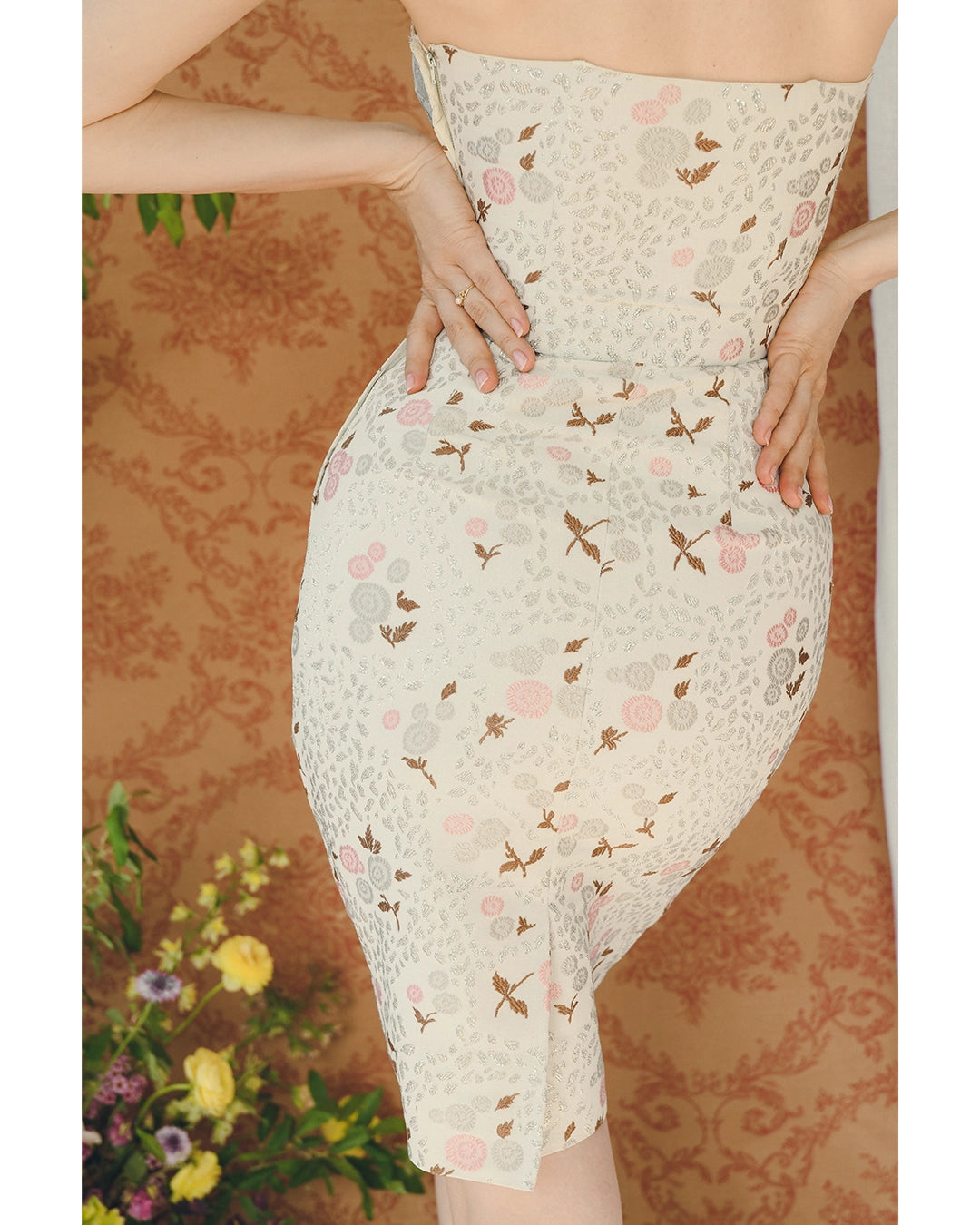 Vintage 1950s Floral Lamé Bustier Wiggle Dress