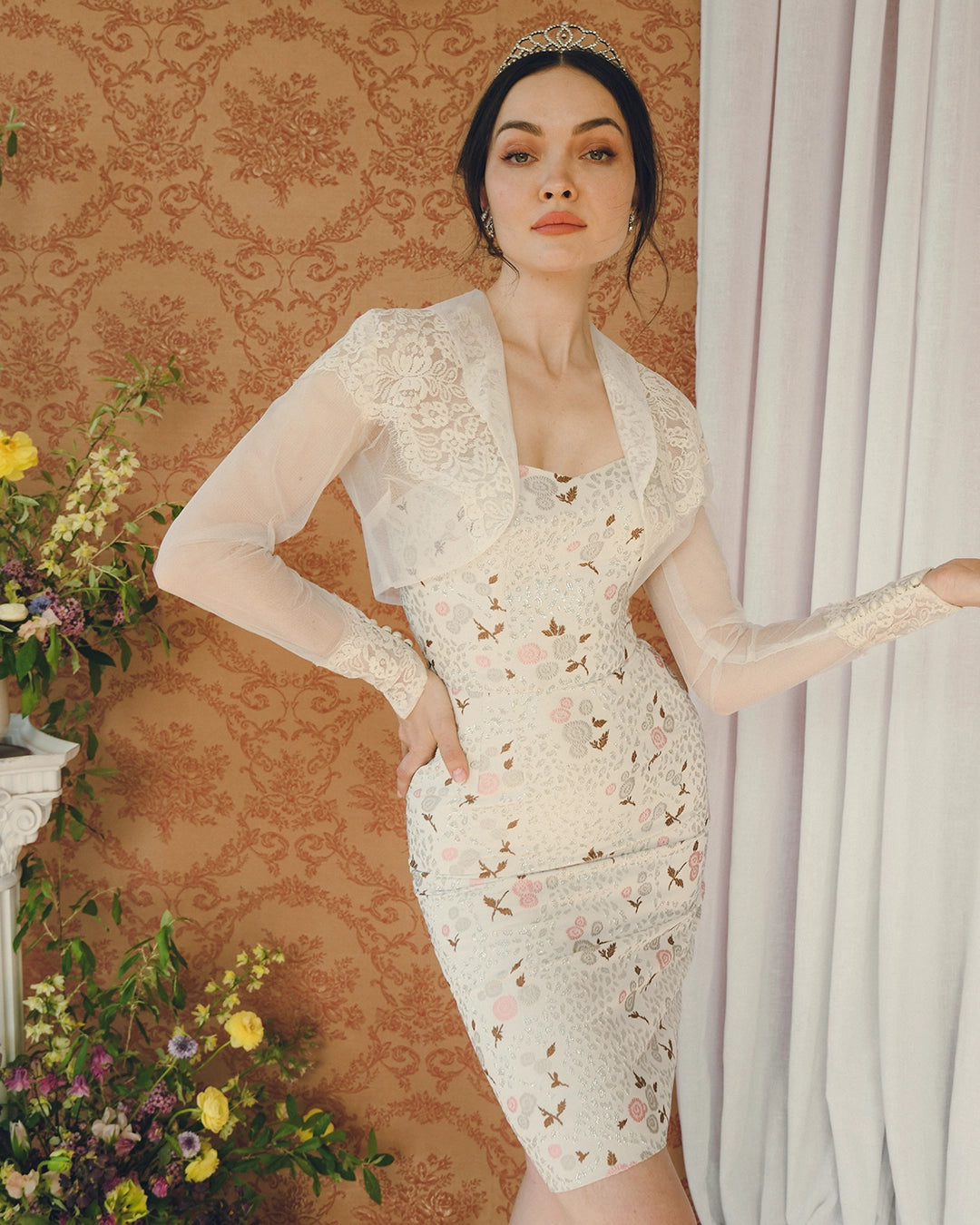 Vintage 1950s Floral Lamé Bustier Wiggle Dress