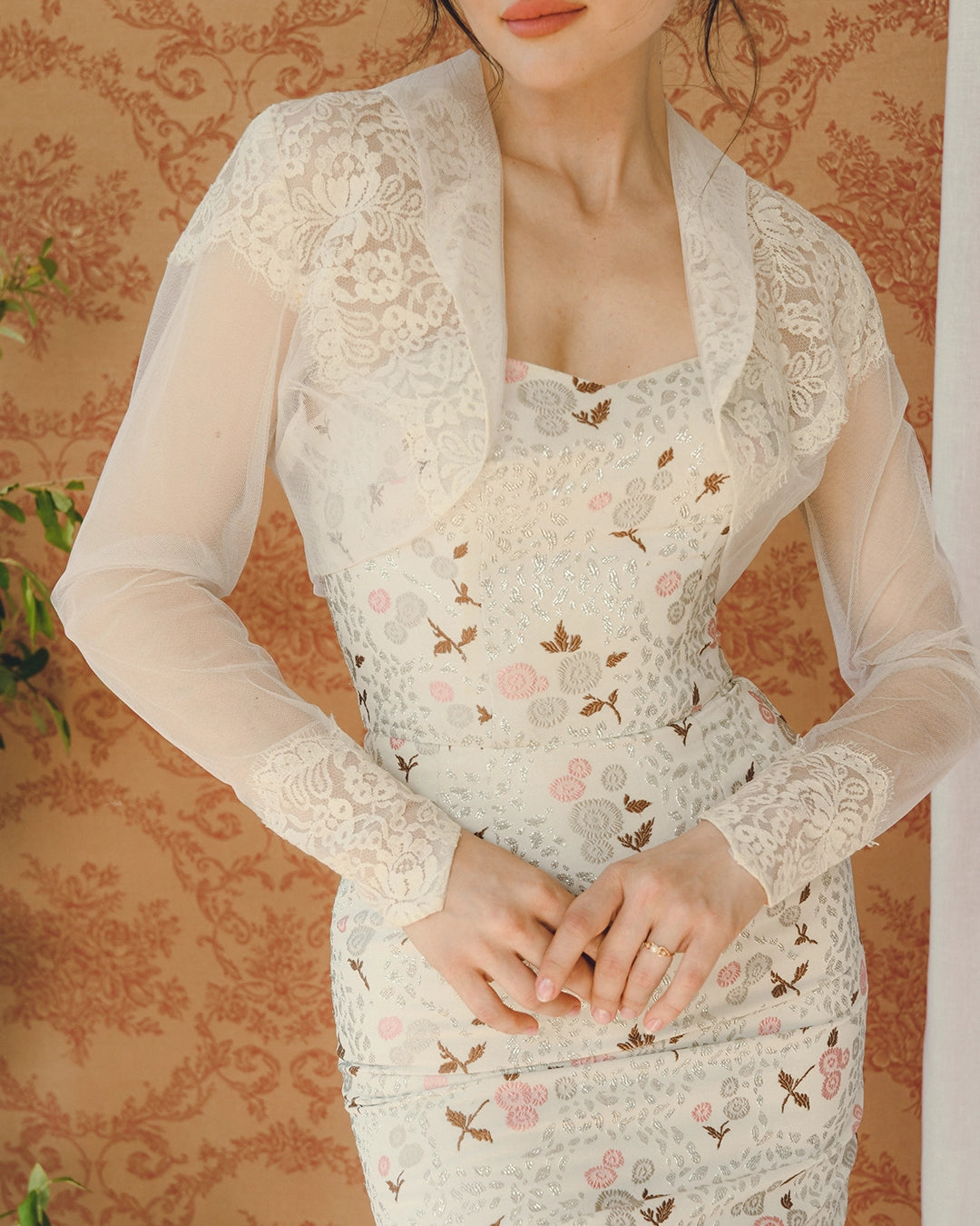 Vintage 1950s Floral Lamé Bustier Wiggle Dress