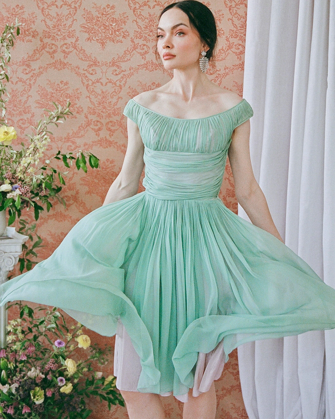 Vintage 1950s Gathered Silk Chiffon Fit-And-Flare Dress