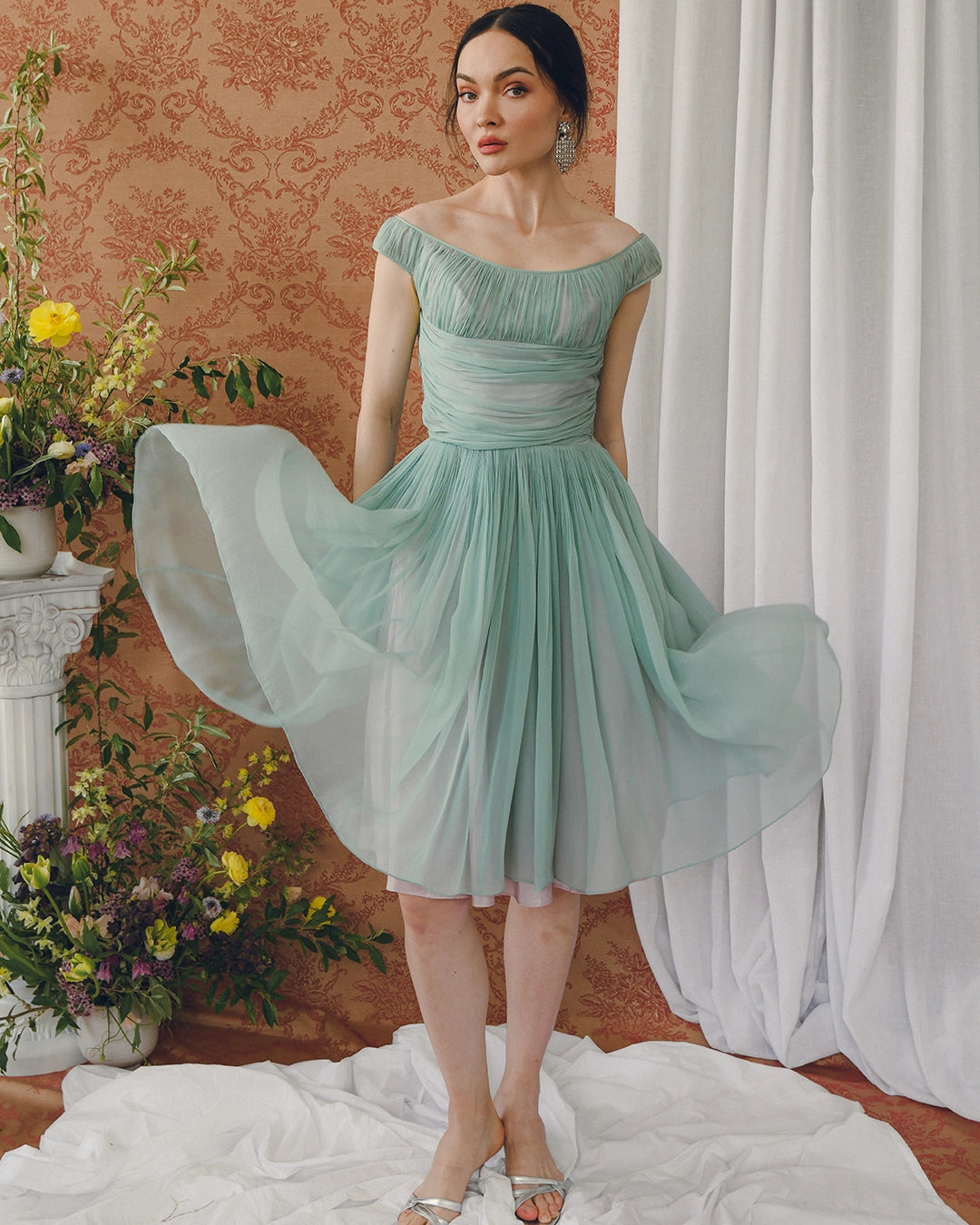 Vintage 1950s Gathered Silk Chiffon Fit-And-Flare Dress