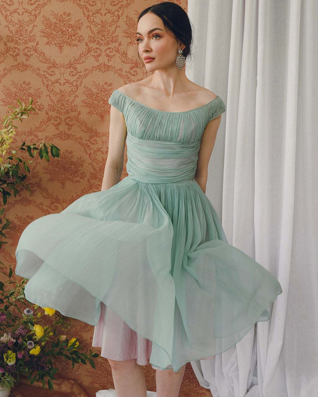 Vintage 1950s Gathered Silk Chiffon Fit-And-Flare Dress