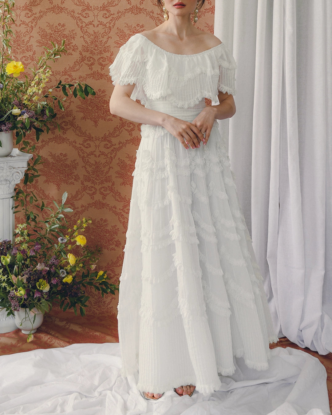 Vintage 1950s Off-the-Shoulder Pintucked Mexican Wedding Dress with Scalloped Lace Trim