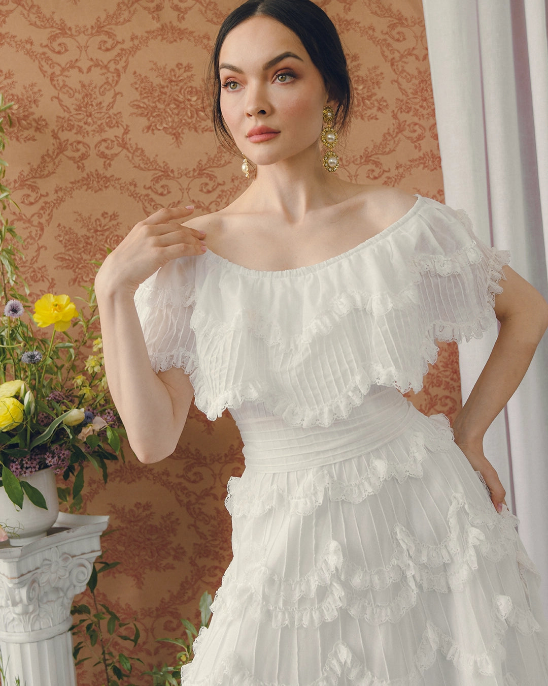 Vintage 1950s Off-the-Shoulder Pintucked Mexican Wedding Dress with Scalloped Lace Trim