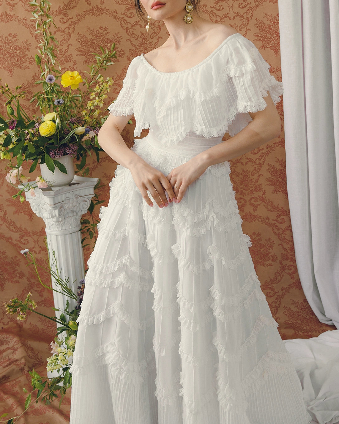 Vintage 1950s Off-the-Shoulder Pintucked Mexican Wedding Dress with Scalloped Lace Trim Vintage 1950s Off-the-Shoulder Pintucked Mexican Wedding Dress with Scalloped Lace Trim