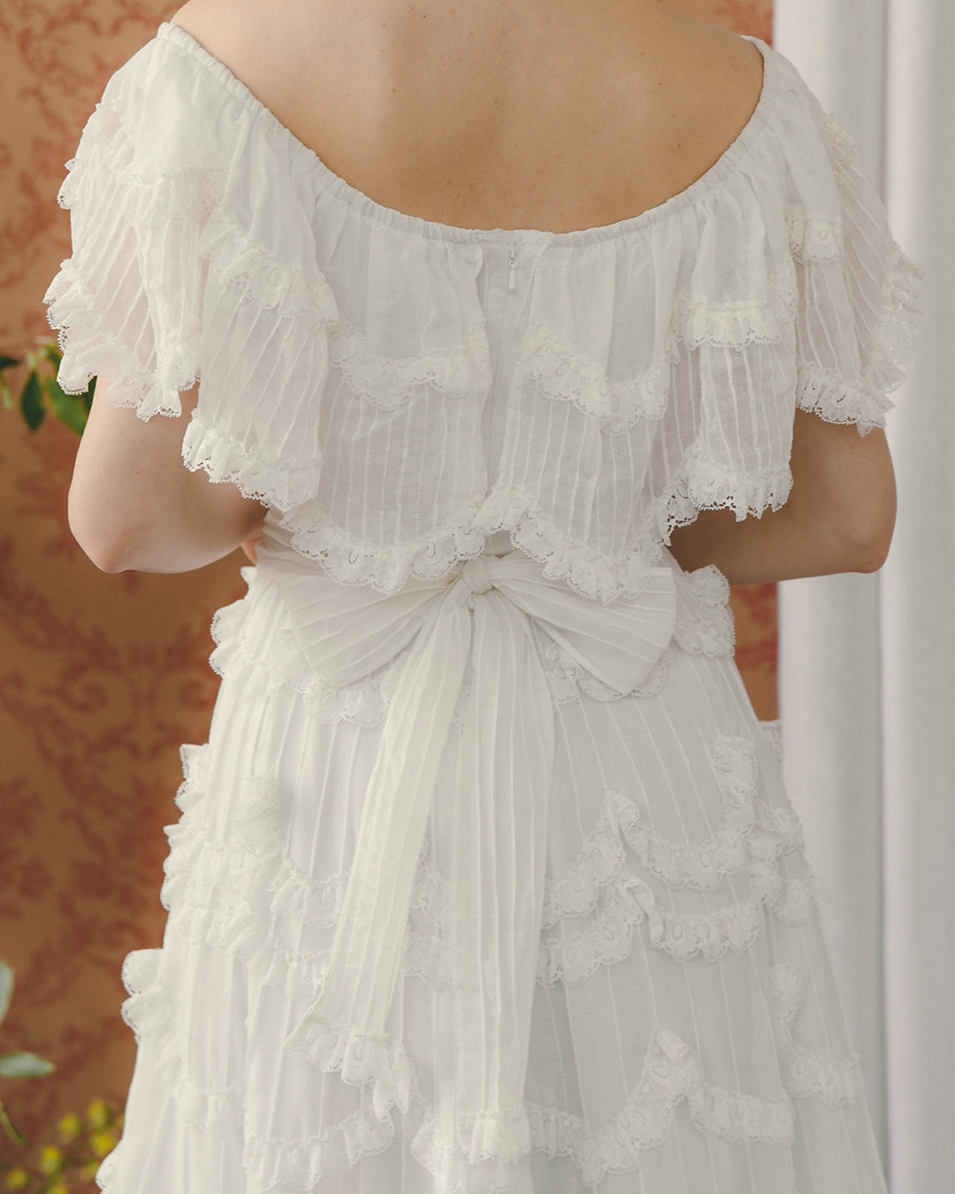 Vintage 1950s Off-the-Shoulder Pintucked Mexican Wedding Dress with Scalloped Lace Trim