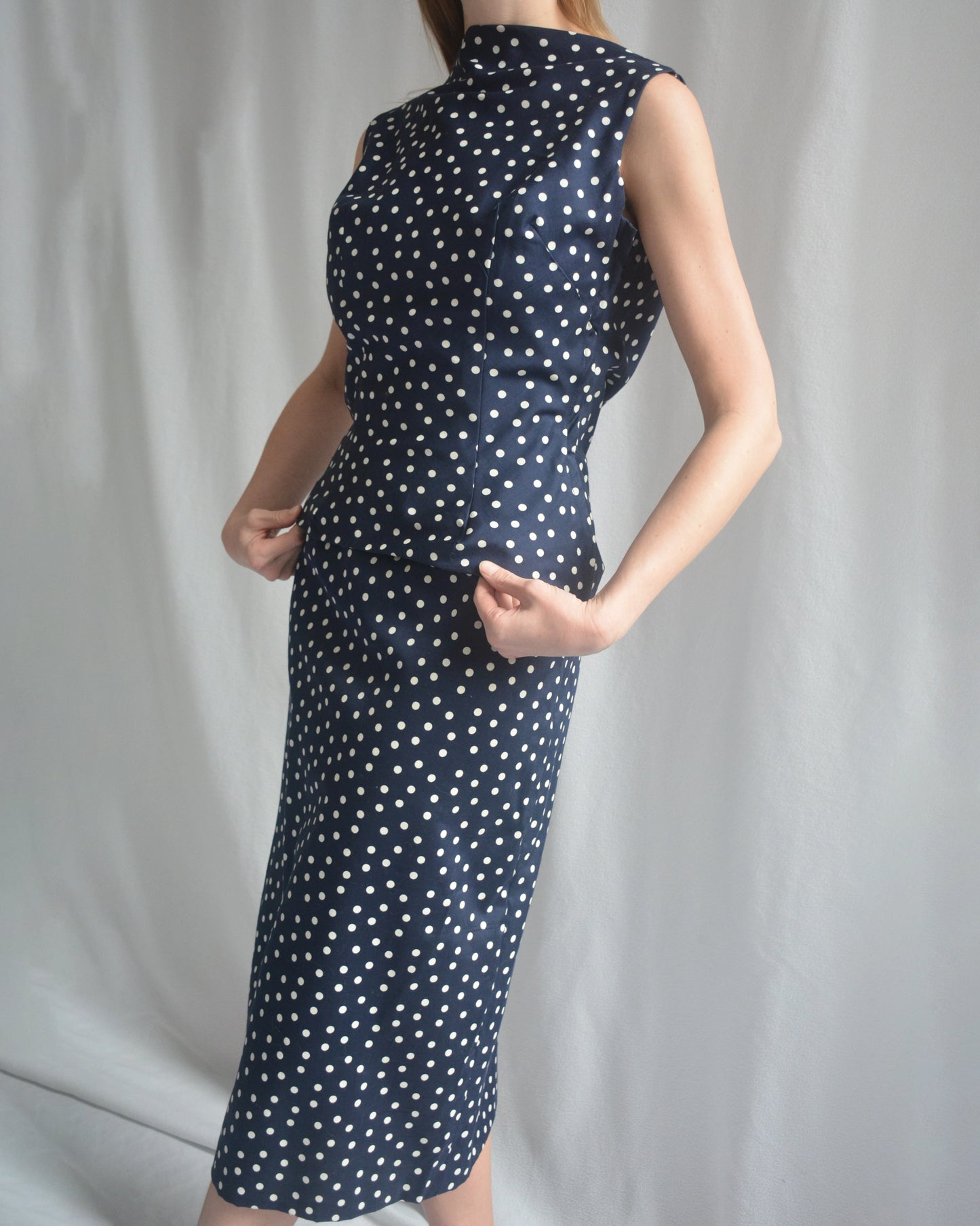 Vintage 1950s Polka Dot Bow Back Wiggle Dress, Deadstock