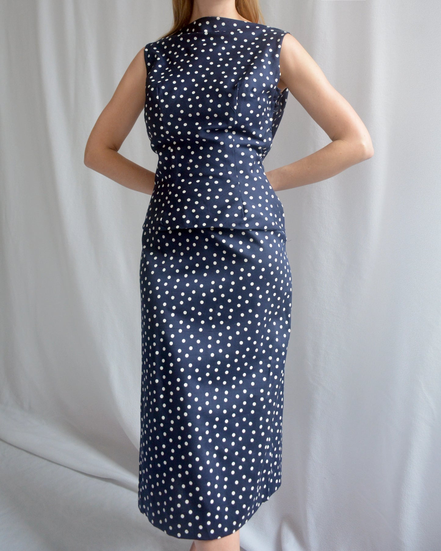 Vintage 1950s Polka Dot Bow Back Wiggle Dress, Deadstock
