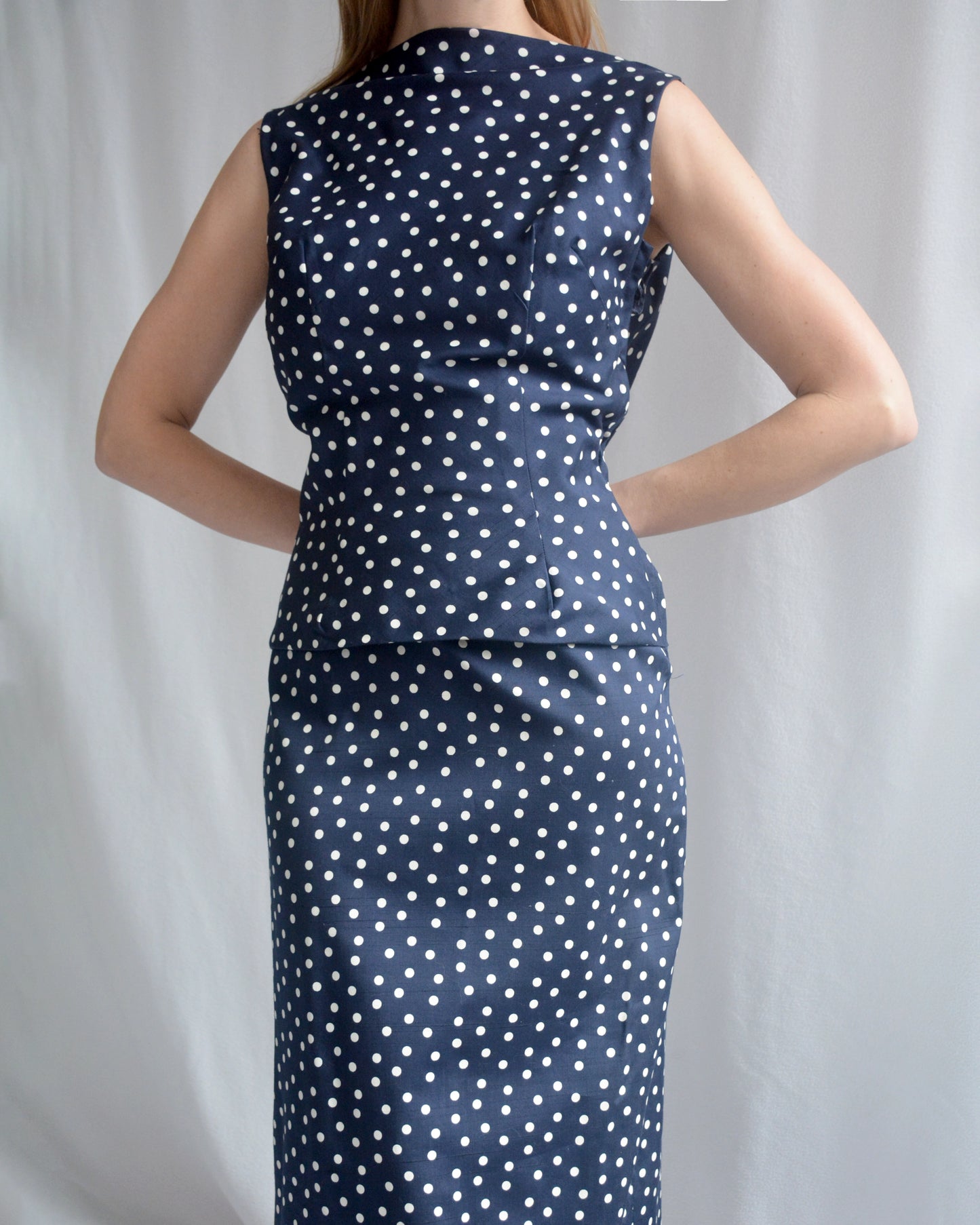 Vintage 1950s Polka Dot Bow Back Wiggle Dress, Deadstock