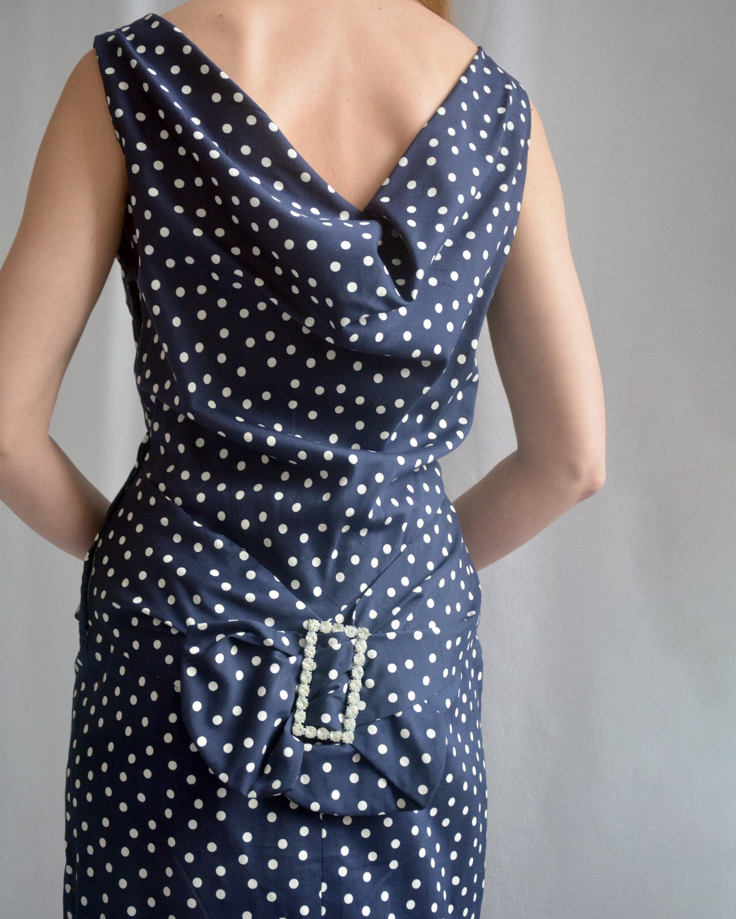 Vintage 1950s Polka Dot Bow Back Wiggle Dress, Deadstock
