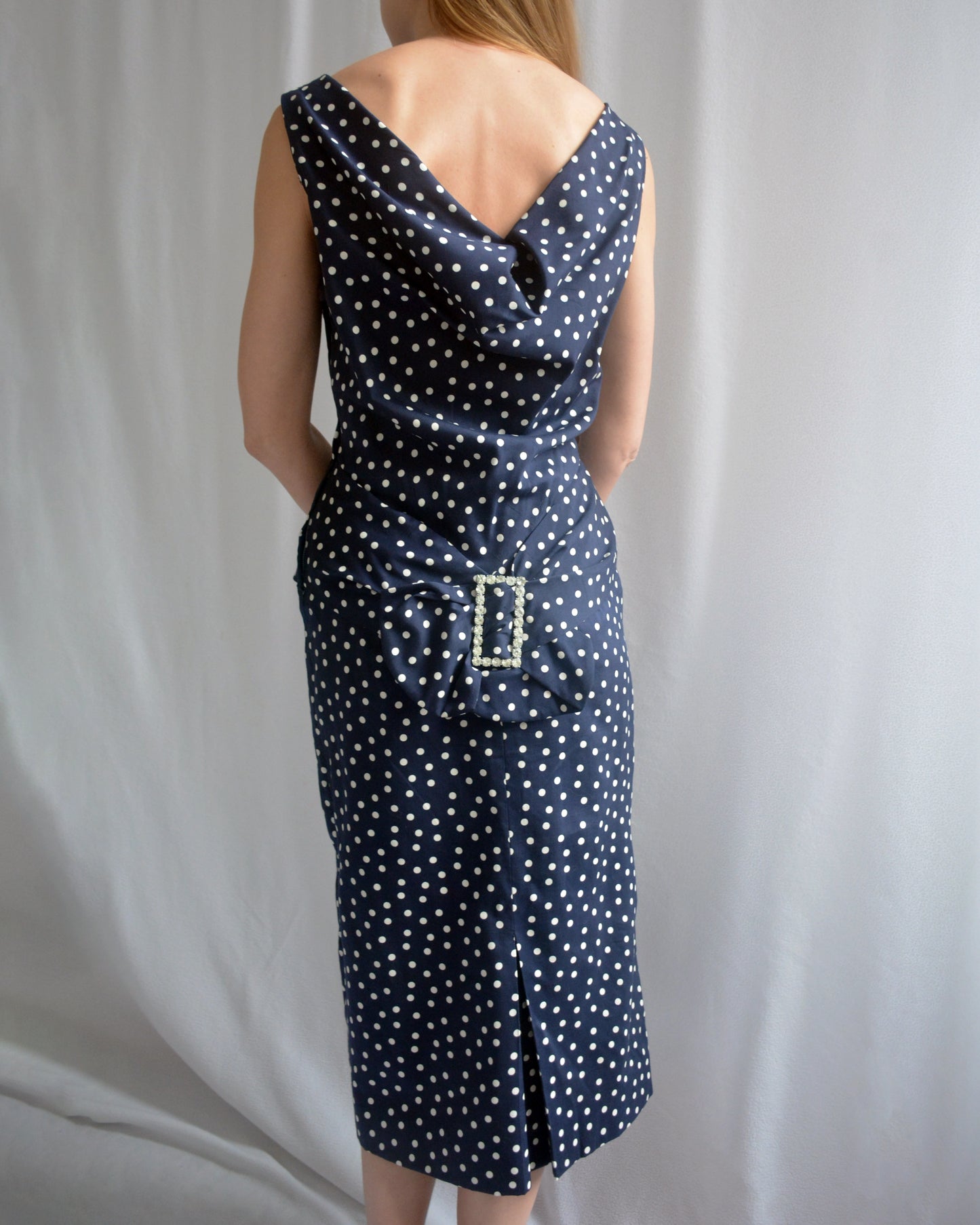 Vintage 1950s Polka Dot Bow Back Wiggle Dress, Deadstock