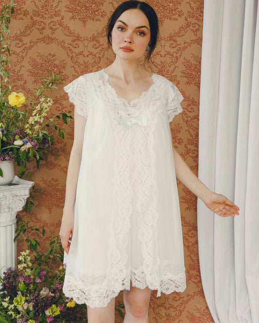 Vintage 1960s Ivory Peignoir Set With Blue Embroidery