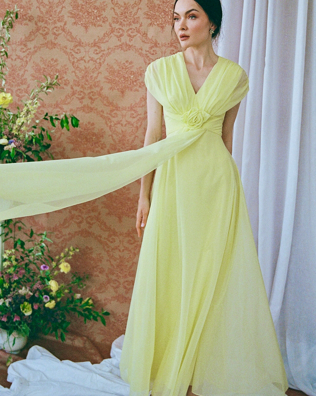 Vintage 1960s Yellow Tulle Rosette Gown