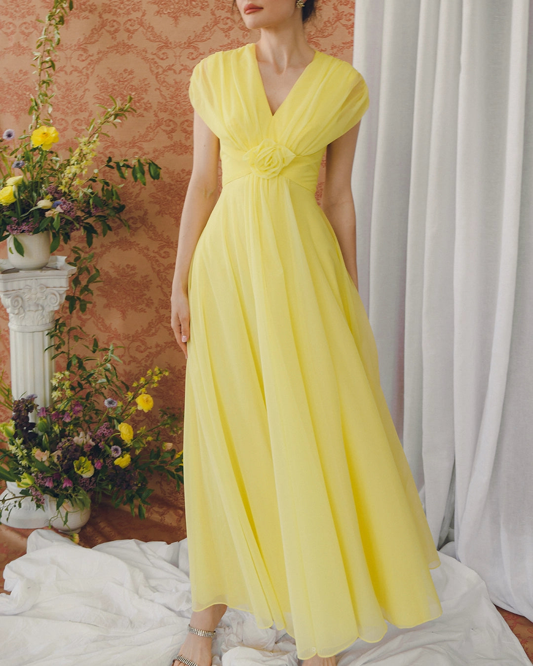 Vintage 1960s Yellow Tulle Rosette Gown