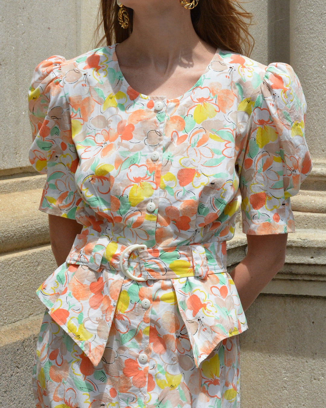 Vintage 1980s-does-1940s Citrus Floral Peplum Shirtdress
