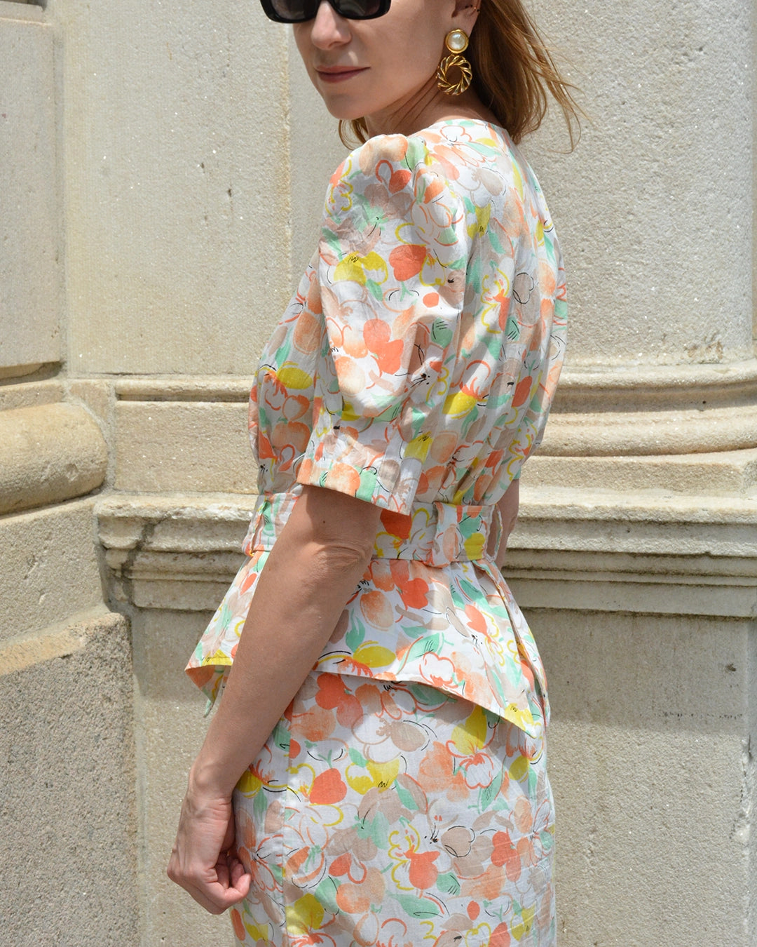 Vintage 1980s-does-1940s Citrus Floral Peplum Shirtdress