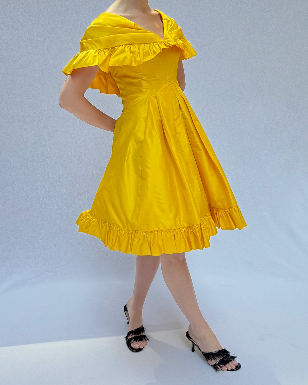 Vintage 1980s Arnold Scaasi Cape Collar Ruffled Cocktail Dress