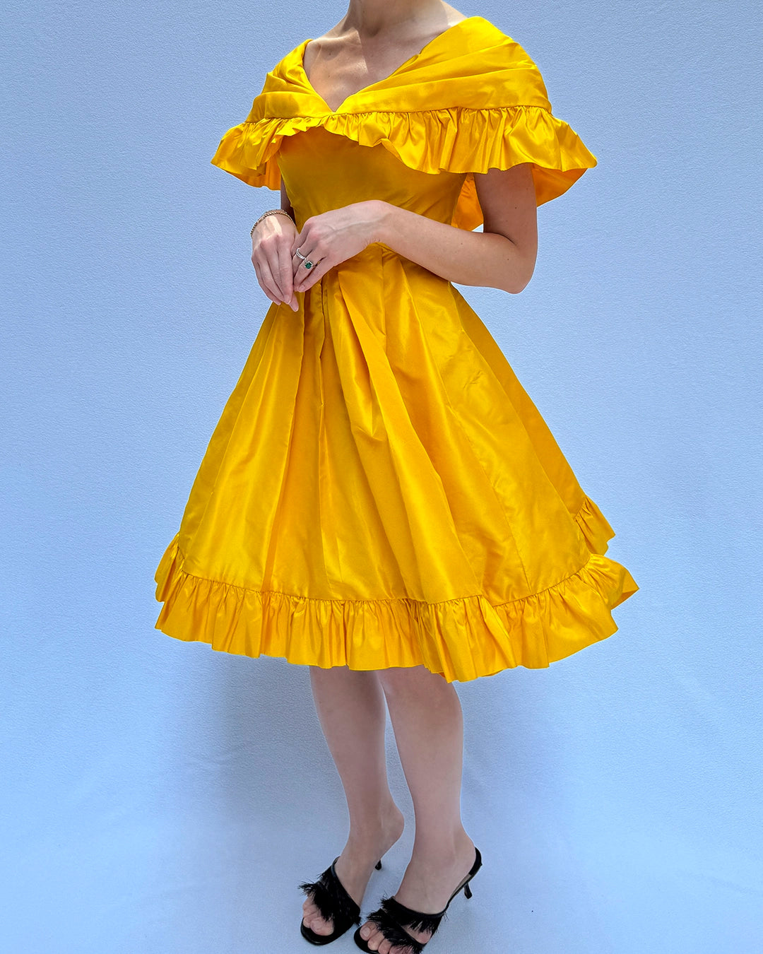 Vintage 1980s Arnold Scaasi Cape Collar Ruffled Cocktail Dress