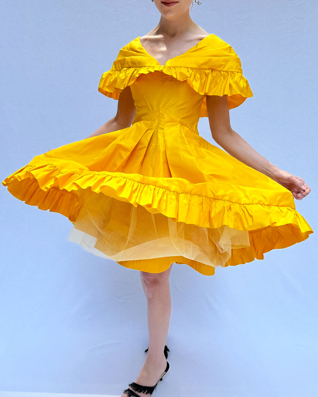 Vintage 1980s Arnold Scaasi Cape Collar Ruffled Cocktail Dress
