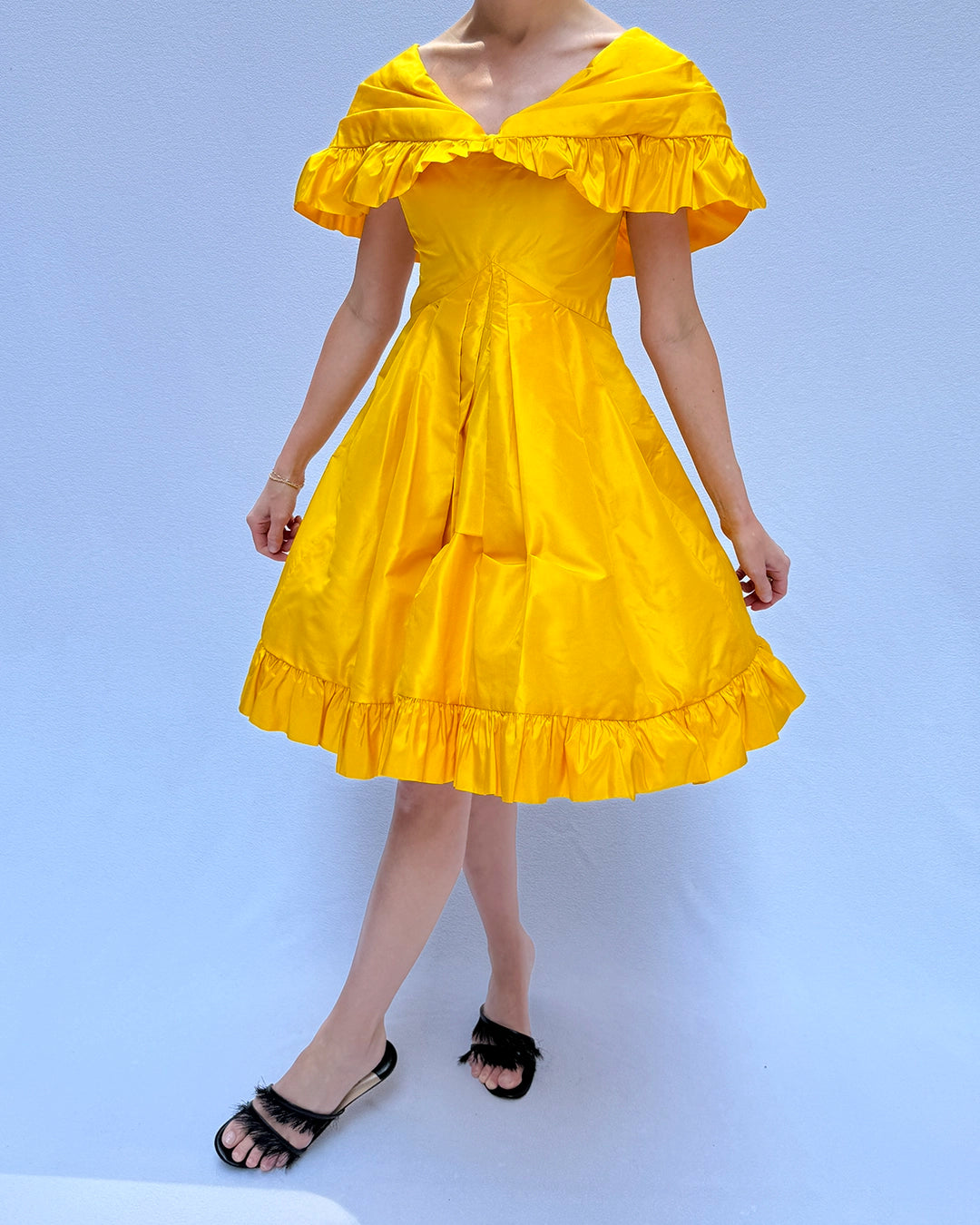 Vintage 1980s Arnold Scaasi Cape Collar Ruffled Cocktail Dress