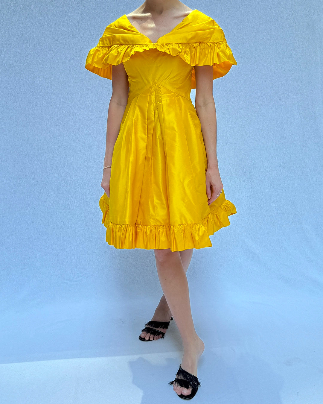 Vintage 1980s Arnold Scaasi Cape Collar Ruffled Cocktail Dress
