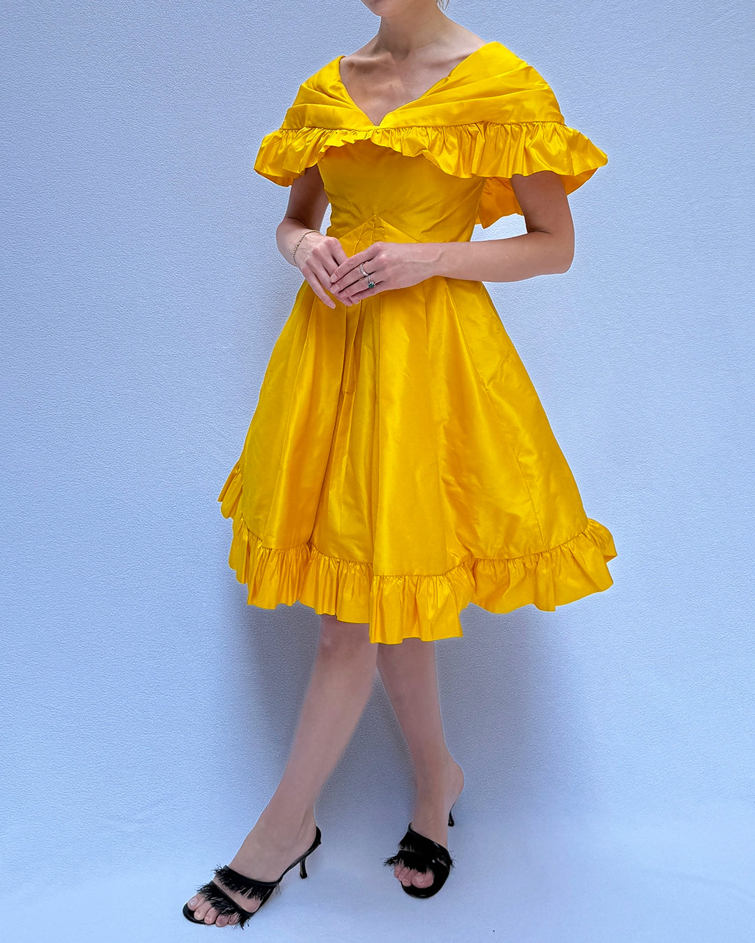 Vintage 1980s Arnold Scaasi Cape Collar Ruffled Cocktail Dress