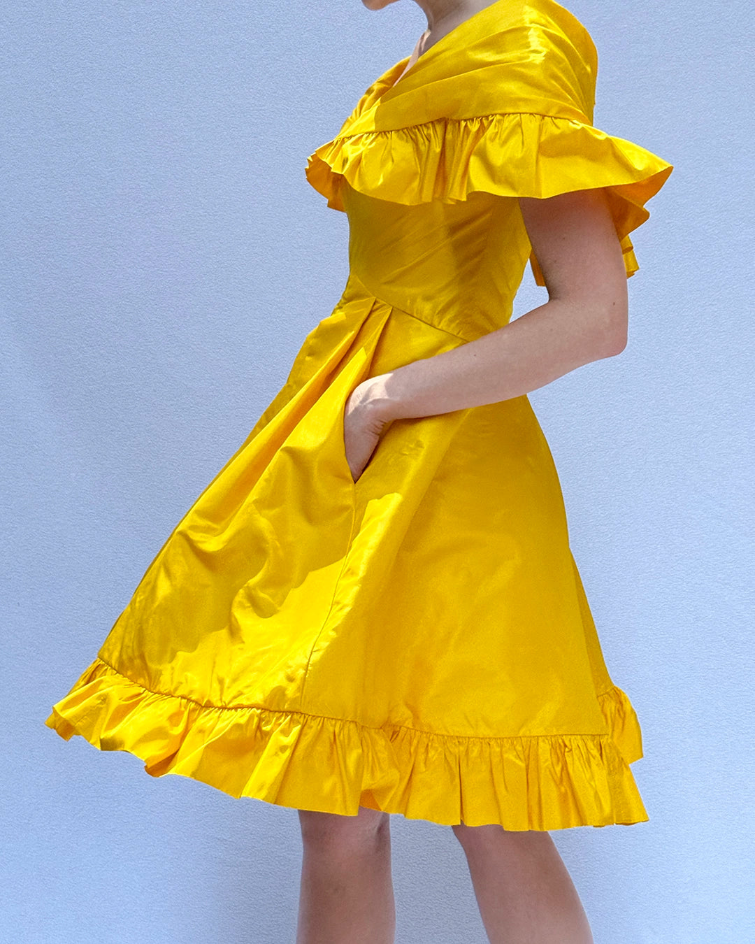 Vintage 1980s Arnold Scaasi Cape Collar Ruffled Cocktail Dress