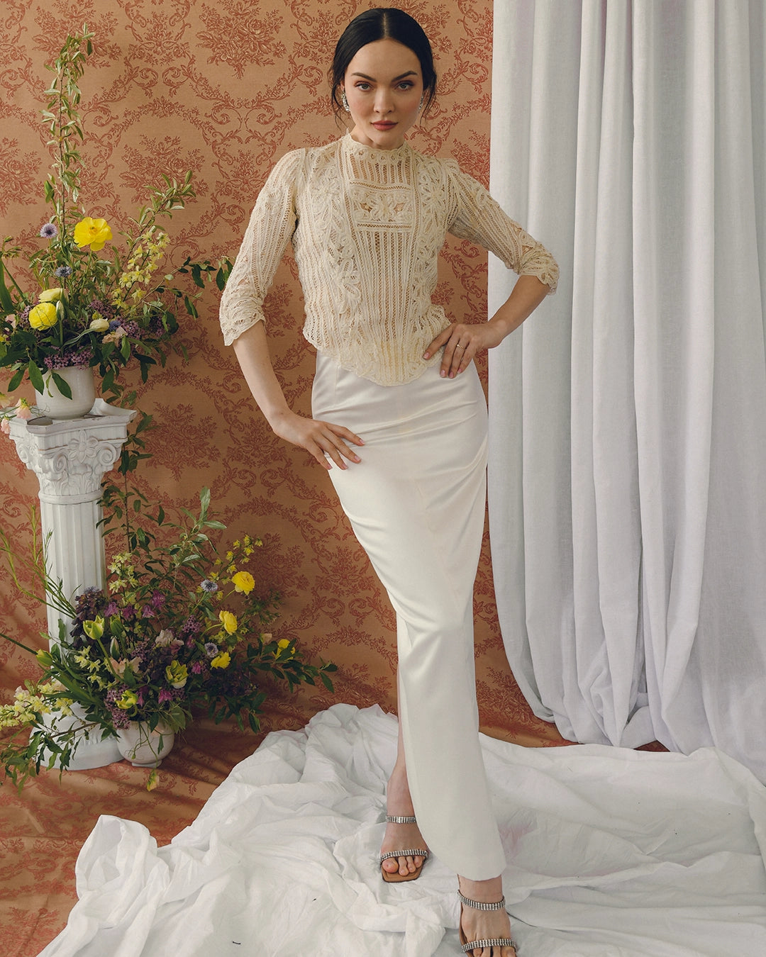 Vintage 90s Designer Ivory Satin Column Skirt