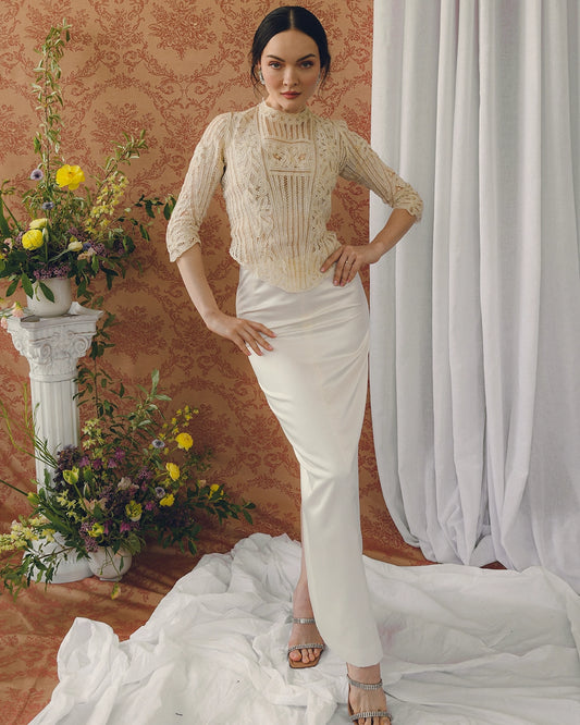 Vintage 90s Designer Ivory Satin Column Skirt