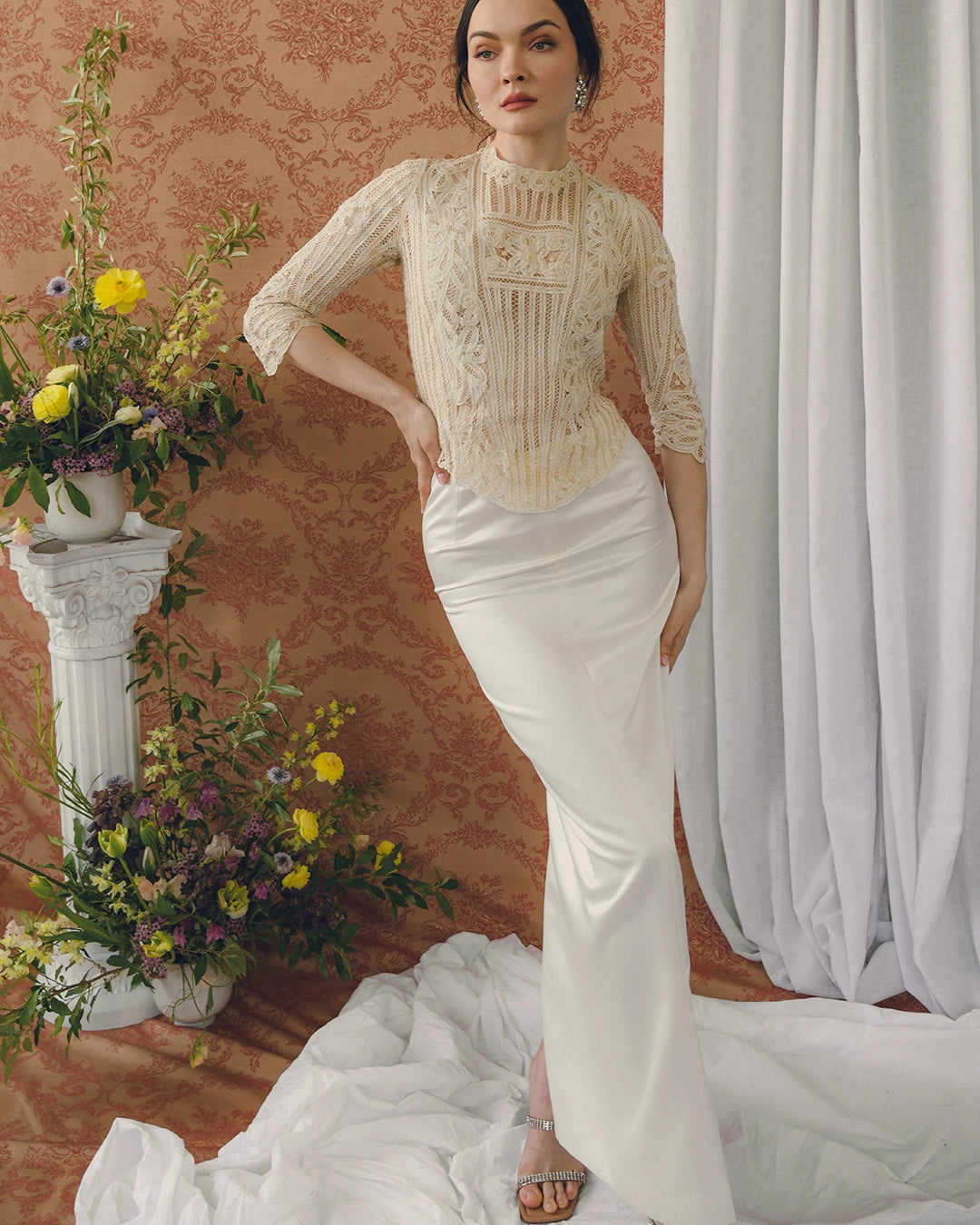 Vintage 90s Designer Ivory Satin Column Skirt